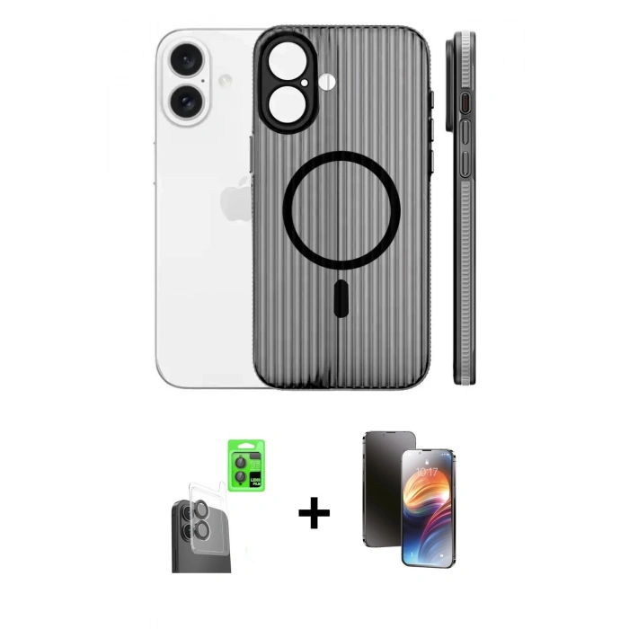 MARSİLYAN™- iPhone 16 Kılıf Pusula Minimal Koleksiyonu - Siyah 3D Antistatik Mat Seramik Nano Ekran Koruyucu + Siyah Raze Metal Kamera Lens