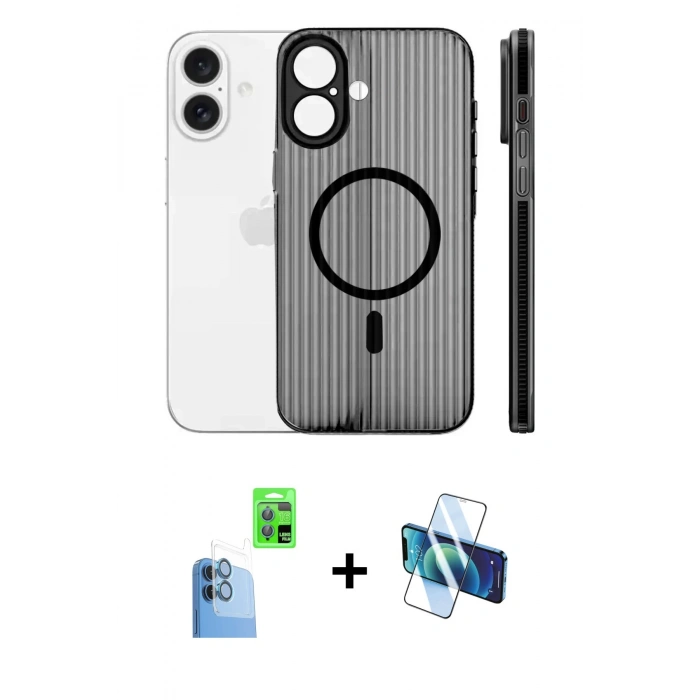 MARSİLYAN™- iPhone 16 Kılıf Pusula Minimal Koleksiyonu - Siyah 3D Antistatik Seramik Nano Ekran Koruyucu + Raze Metal Kamera Lens - LT