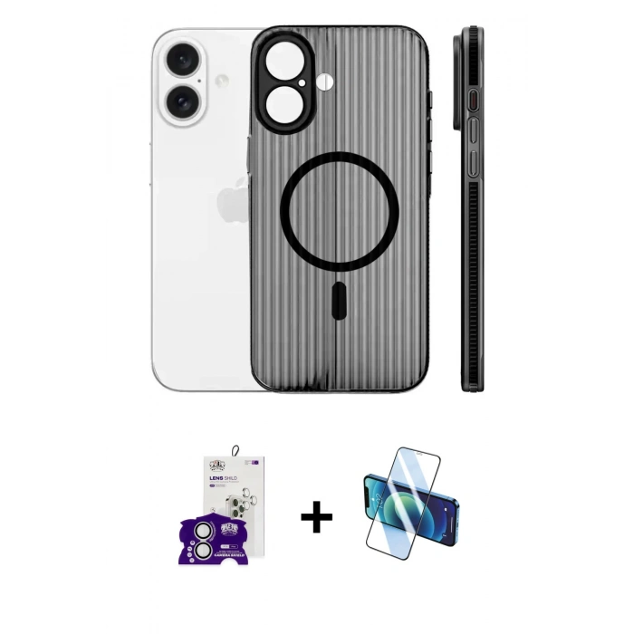 MARSİLYAN™- iPhone 16 Kılıf Pusula Minimal Koleksiyonu - Siyah 3D Antistatik Seramik Nano Ekran Koruyucu + Bilvis Titan Kamera Lens - GS
