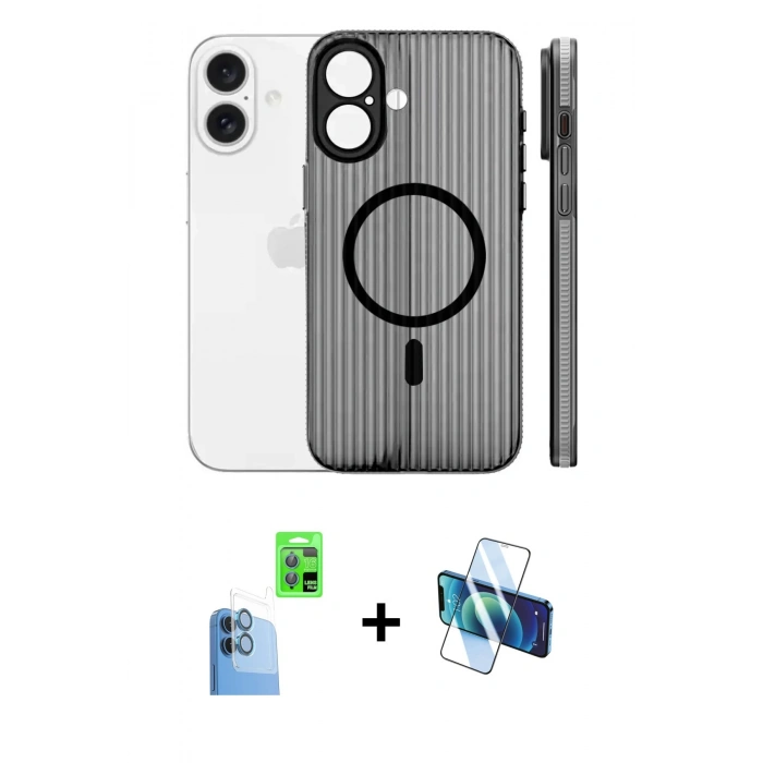 MARSİLYAN™- iPhone 16 Kılıf Pusula Minimal Koleksiyonu - Siyah 3D Antistatik Seramik Nano Ekran Koruyucu + Raze Metal Kamera Lens - LT