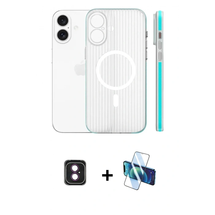 MARSİLYAN™- iPhone 16 Kılıf Pusula Minimal Koleksiyonu - Siyah 3D Antistatik Seramik Nano Ekran Koruyucu + PVD Metal Kamera Lens - PE