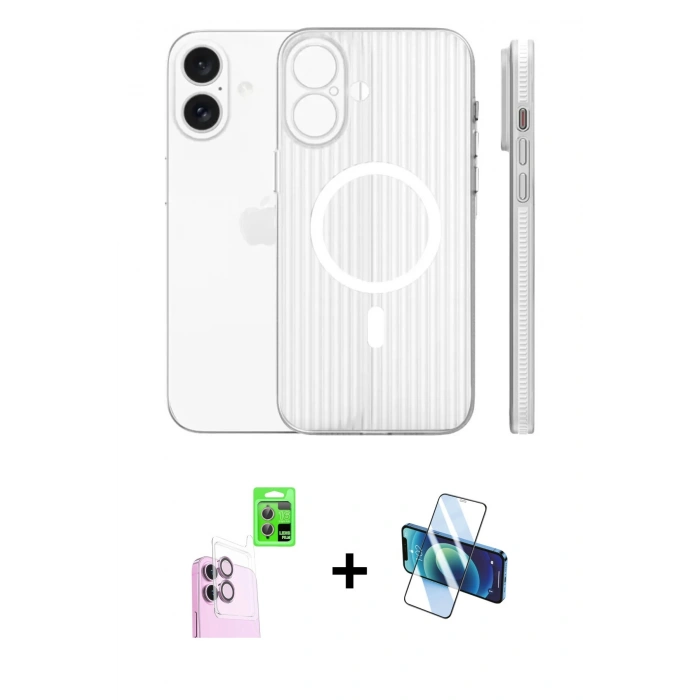 MARSİLYAN™- iPhone 16 Kılıf Pusula Minimal Koleksiyonu - Siyah 3D Antistatik Seramik Nano Ekran Koruyucu + Raze Metal Kamera Lens - PE