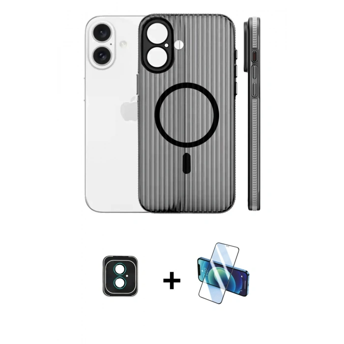MARSİLYAN™- iPhone 16 Kılıf Pusula Minimal Koleksiyonu - Siyah 3D Antistatik Seramik Nano Ekran Koruyucu + PVD Metal Kamera Lens - YL