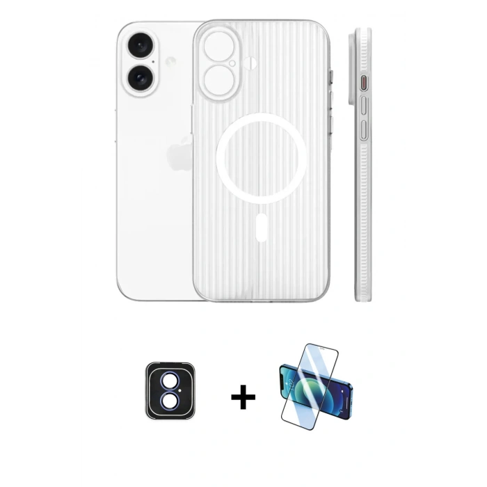 MARSİLYAN™- iPhone 16 Kılıf Pusula Minimal Koleksiyonu - Siyah 3D Antistatik Seramik Nano Ekran Koruyucu + PVD Metal Kamera Lens - MI