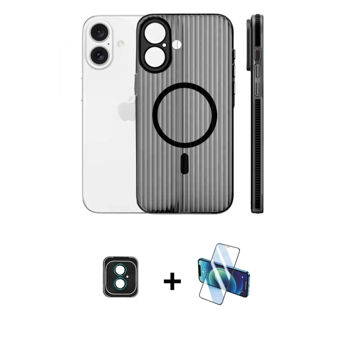MARSİLYAN™- iPhone 16 Kılıf Pusula Minimal Koleksiyonu - Siyah 3D Antistatik Seramik Nano Ekran Koruyucu + PVD Metal Kamera Lens - YL