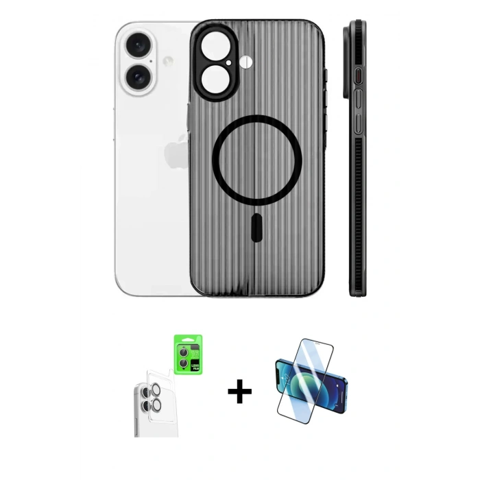 MARSİLYAN™- iPhone 16 Kılıf Pusula Minimal Koleksiyonu - Siyah 3D Antistatik Seramik Nano Ekran Koruyucu + Raze Metal Kamera Lens - BZ