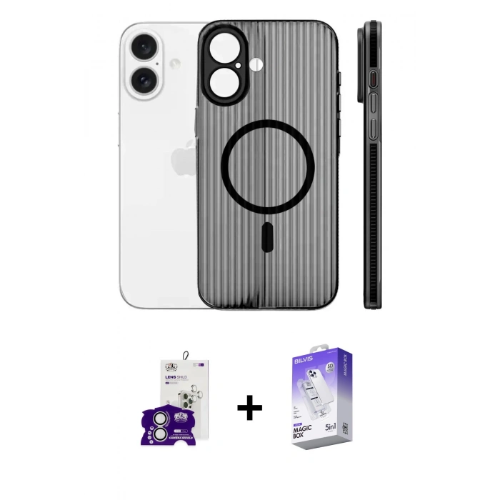 MARSİLYAN™- iPhone 16 Kılıf Pusula Minimal Koleksiyonu - Siyah Bilvis 5in1 3D Magic Cam Ekran Koruyucu + Bilvis Titan Kamera Lens - GS