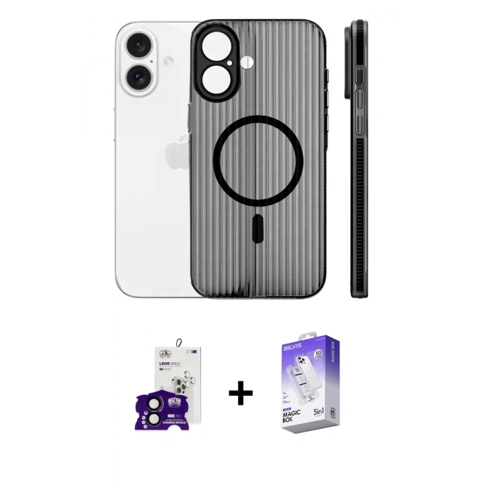 MARSİLYAN™- iPhone 16 Kılıf Pusula Minimal Koleksiyonu - Siyah Bilvis 5in1 3D Magic Cam Ekran Koruyucu + Bilvis Titan Kamera Lens - SH