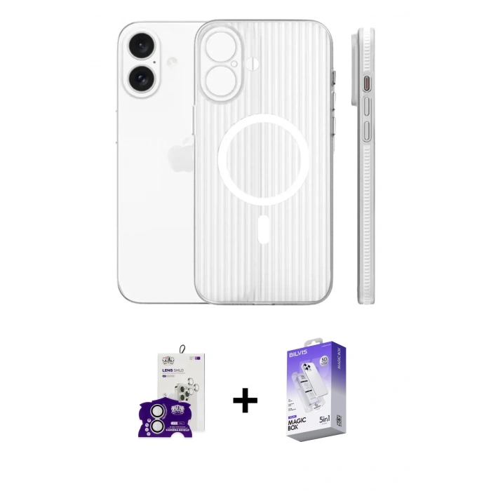 MARSİLYAN™- iPhone 16 Kılıf Pusula Minimal Koleksiyonu - Siyah Bilvis 5in1 3D Magic Cam Ekran Koruyucu + Bilvis Titan Kamera Lens - GS