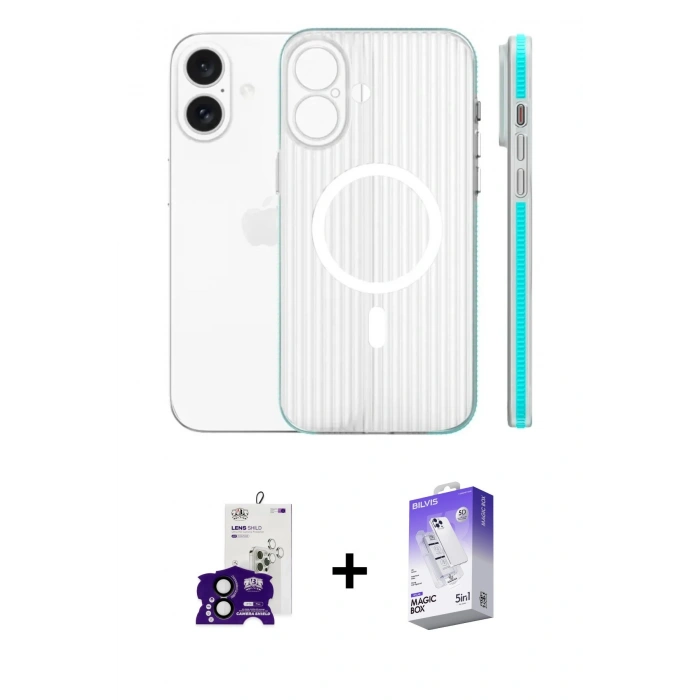 MARSİLYAN™- iPhone 16 Kılıf Pusula Minimal Koleksiyonu - Siyah Bilvis 5in1 3D Magic Cam Ekran Koruyucu + Bilvis Titan Kamera Lens - SH