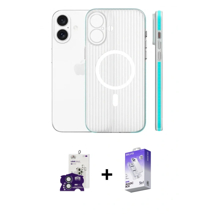 MARSİLYAN™- iPhone 16 Kılıf Pusula Minimal Koleksiyonu - Siyah Bilvis 5in1 3D Magic Cam Ekran Koruyucu + Bilvis Titan Kamera Lens - YL