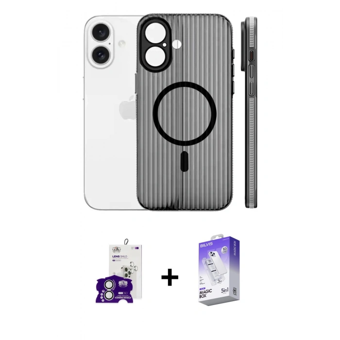 MARSİLYAN™- iPhone 16 Kılıf Pusula Minimal Koleksiyonu - Siyah Bilvis 5in1 3D Magic Cam Ekran Koruyucu + Bilvis Titan Kamera Lens - GS