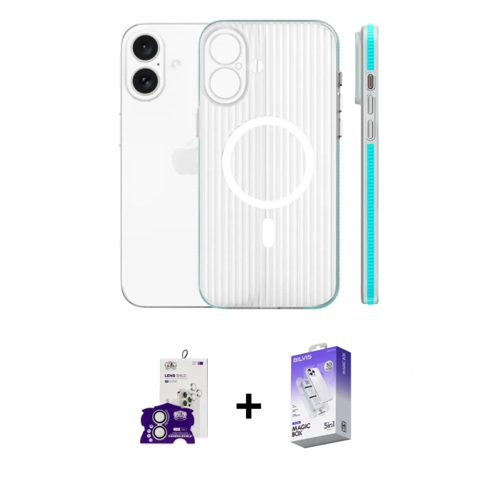 MARSİLYAN™- iPhone 16 Kılıf Pusula Minimal Koleksiyonu - Siyah Bilvis 5in1 3D Magic Cam Ekran Koruyucu + Bilvis Titan Kamera Lens - GS