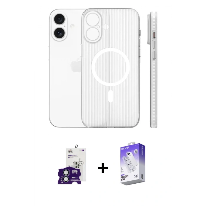 MARSİLYAN™- iPhone 16 Kılıf Pusula Minimal Koleksiyonu - Siyah Bilvis 5in1 3D Magic Cam Ekran Koruyucu + Bilvis Titan Kamera Lens - YL