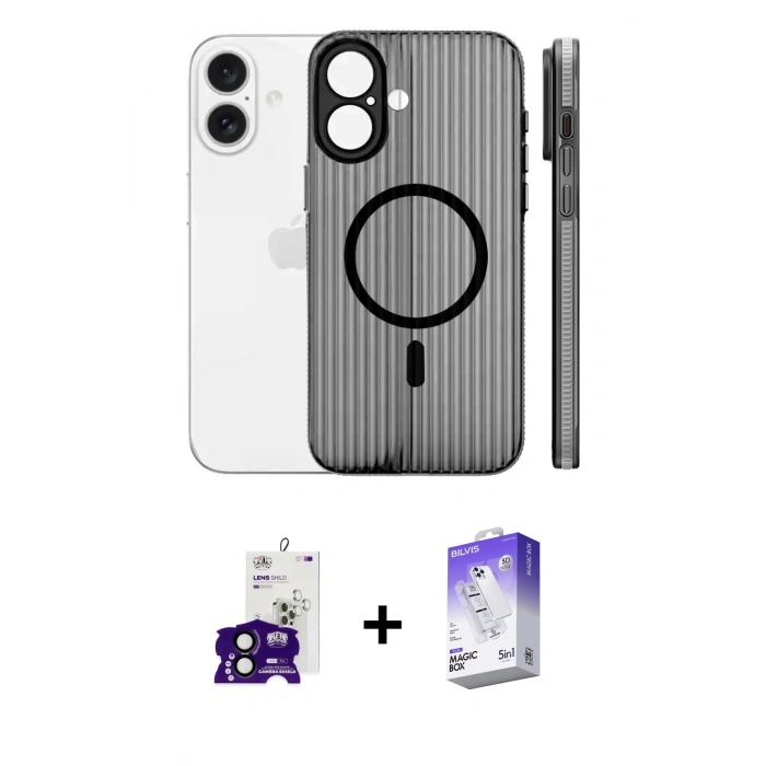 MARSİLYAN™- iPhone 16 Kılıf Pusula Minimal Koleksiyonu - Siyah Bilvis 5in1 3D Magic Cam Ekran Koruyucu + Bilvis Titan Kamera Lens - SH