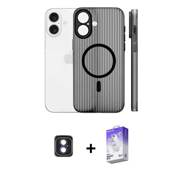 MARSİLYAN™- iPhone 16 Kılıf Pusula Minimal Koleksiyonu - Siyah Bilvis 5in1 3D Magic Cam Ekran Koruyucu + PVD Metal Kamera Lens - MI