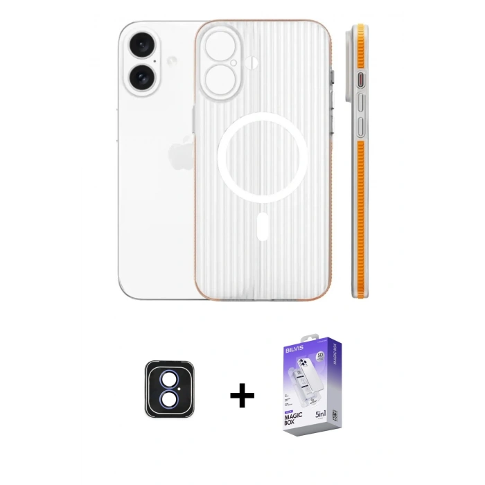 MARSİLYAN™- iPhone 16 Kılıf Pusula Minimal Koleksiyonu - Siyah Bilvis 5in1 3D Magic Cam Ekran Koruyucu + PVD Metal Kamera Lens - MI