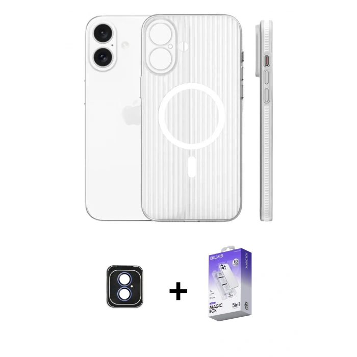MARSİLYAN™- iPhone 16 Kılıf Pusula Minimal Koleksiyonu - Siyah Bilvis 5in1 3D Magic Cam Ekran Koruyucu + PVD Metal Kamera Lens - MI
