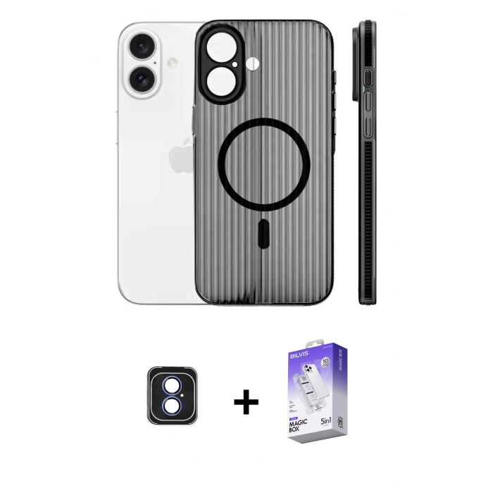 MARSİLYAN™- iPhone 16 Kılıf Pusula Minimal Koleksiyonu - Siyah Bilvis 5in1 3D Magic Cam Ekran Koruyucu + PVD Metal Kamera Lens - MI