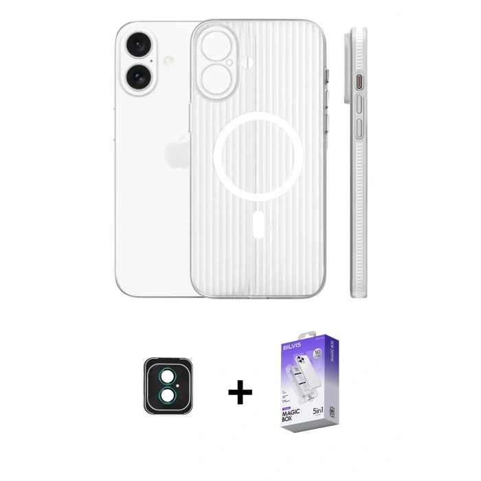 MARSİLYAN™- iPhone 16 Kılıf Pusula Minimal Koleksiyonu - Siyah Bilvis 5in1 3D Magic Cam Ekran Koruyucu + PVD Metal Kamera Lens - YL