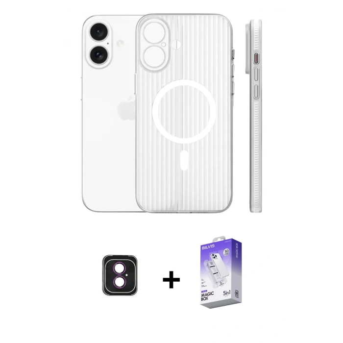 MARSİLYAN™- iPhone 16 Kılıf Pusula Minimal Koleksiyonu - Siyah Bilvis 5in1 3D Magic Cam Ekran Koruyucu + PVD Metal Kamera Lens - PE