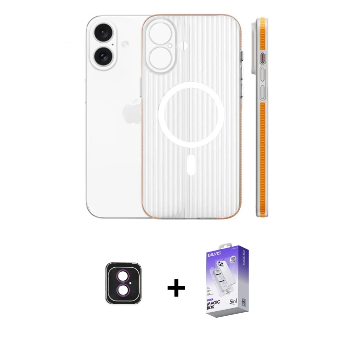 MARSİLYAN™- iPhone 16 Kılıf Pusula Minimal Koleksiyonu - Siyah Bilvis 5in1 3D Magic Cam Ekran Koruyucu + PVD Metal Kamera Lens - PE
