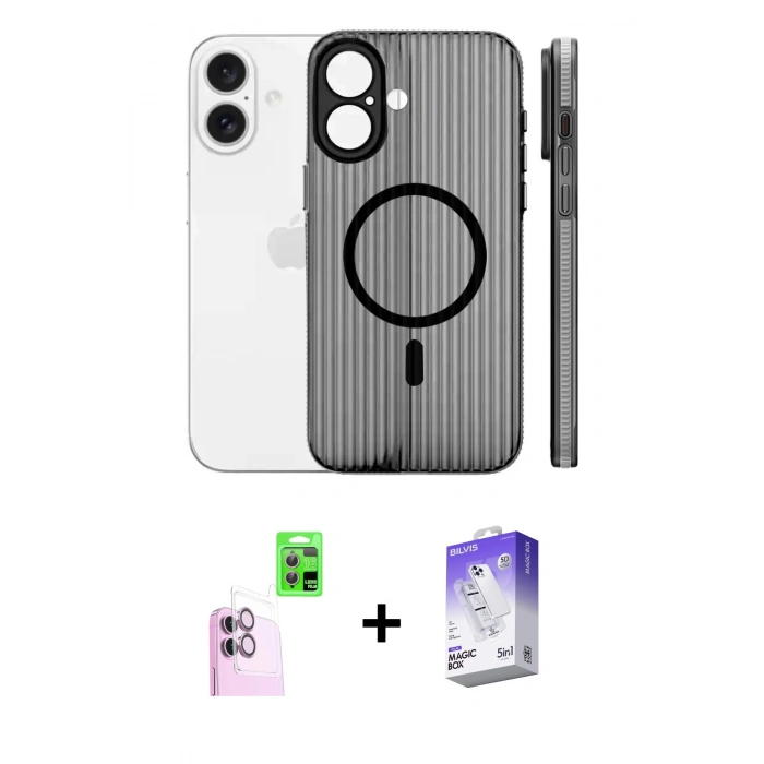 MARSİLYAN™- iPhone 16 Kılıf Pusula Minimal Koleksiyonu - Siyah Bilvis 5in1 3D Magic Cam Ekran Koruyucu + Raze Metal Kamera Lens - PE