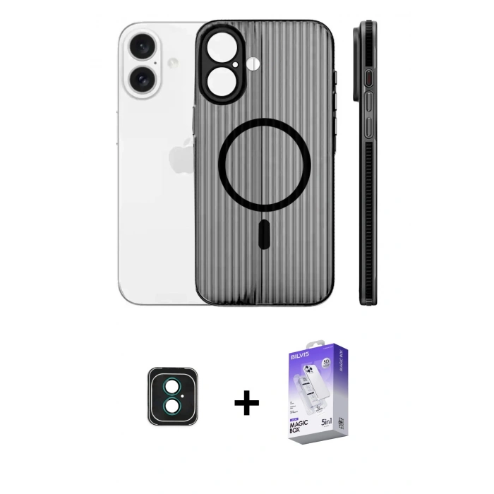 MARSİLYAN™- iPhone 16 Kılıf Pusula Minimal Koleksiyonu - Siyah Bilvis 5in1 3D Magic Cam Ekran Koruyucu + PVD Metal Kamera Lens - YL