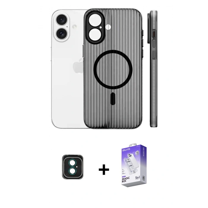 MARSİLYAN™- iPhone 16 Kılıf Pusula Minimal Koleksiyonu - Siyah Bilvis 5in1 3D Magic Cam Ekran Koruyucu + PVD Metal Kamera Lens - YL