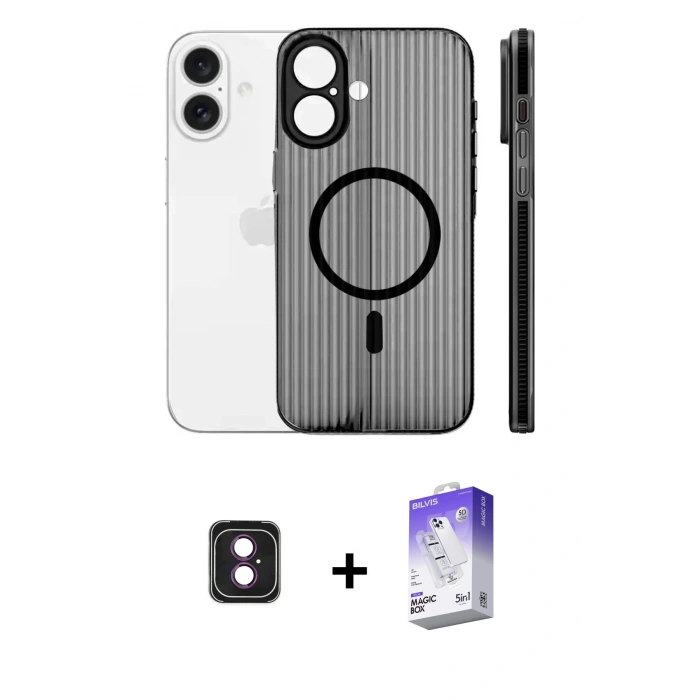 MARSİLYAN™- iPhone 16 Kılıf Pusula Minimal Koleksiyonu - Siyah Bilvis 5in1 3D Magic Cam Ekran Koruyucu + PVD Metal Kamera Lens - PE