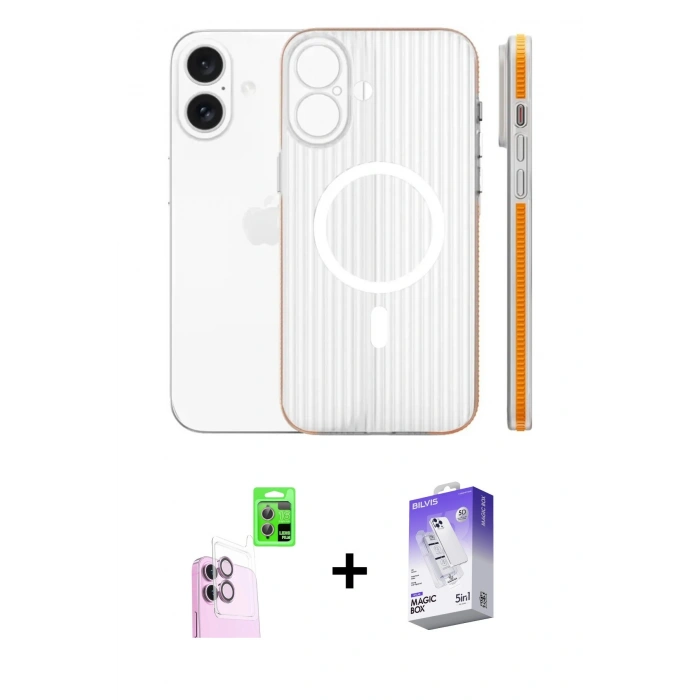 MARSİLYAN™- iPhone 16 Kılıf Pusula Minimal Koleksiyonu - Siyah Bilvis 5in1 3D Magic Cam Ekran Koruyucu + Raze Metal Kamera Lens - PE