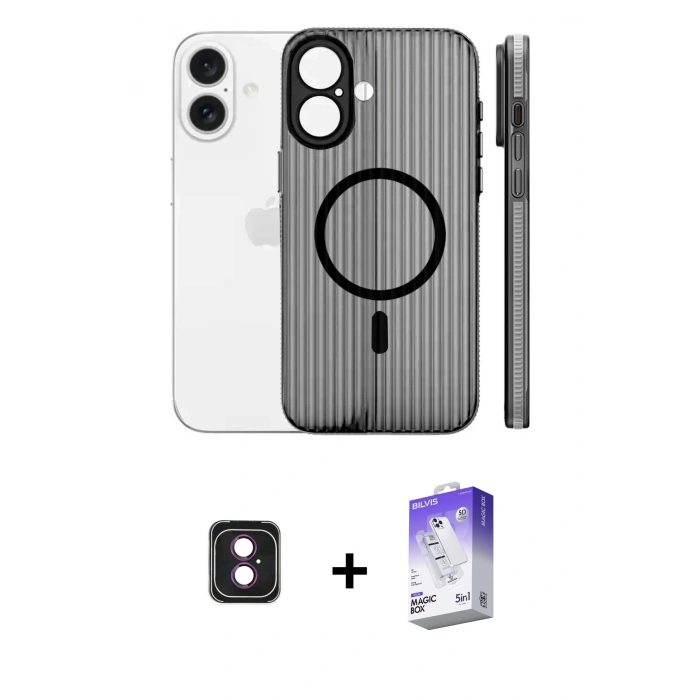 MARSİLYAN™- iPhone 16 Kılıf Pusula Minimal Koleksiyonu - Siyah Bilvis 5in1 3D Magic Cam Ekran Koruyucu + PVD Metal Kamera Lens - PE
