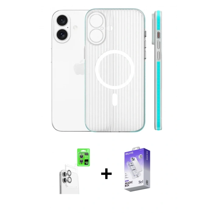 MARSİLYAN™- iPhone 16 Kılıf Pusula Minimal Koleksiyonu - Siyah Bilvis 5in1 3D Magic Cam Ekran Koruyucu + Raze Metal Kamera Lens - BZ