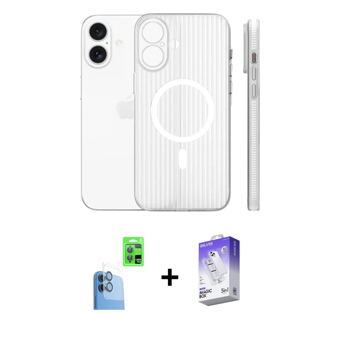 MARSİLYAN™- iPhone 16 Kılıf Pusula Minimal Koleksiyonu - Siyah Bilvis 5in1 3D Magic Cam Ekran Koruyucu + Raze Metal Kamera Lens - LT