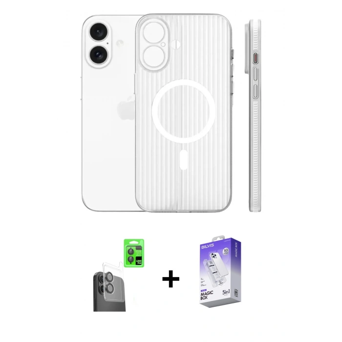 MARSİLYAN™- iPhone 16 Kılıf Pusula Minimal Koleksiyonu - Siyah Bilvis 5in1 3D Magic Cam Ekran Koruyucu + Raze Metal Kamera Lens - SH