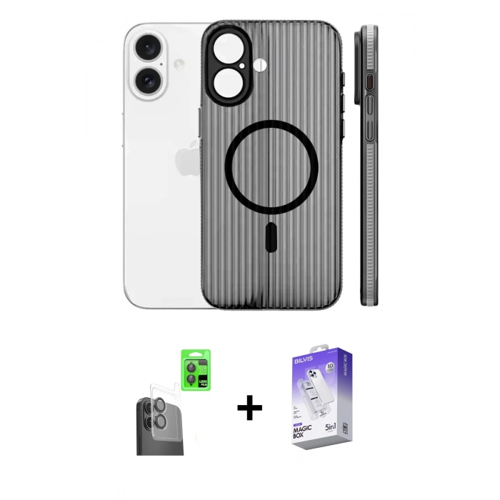 MARSİLYAN™- iPhone 16 Kılıf Pusula Minimal Koleksiyonu - Siyah Bilvis 5in1 3D Magic Cam Ekran Koruyucu + Raze Metal Kamera Lens - SH
