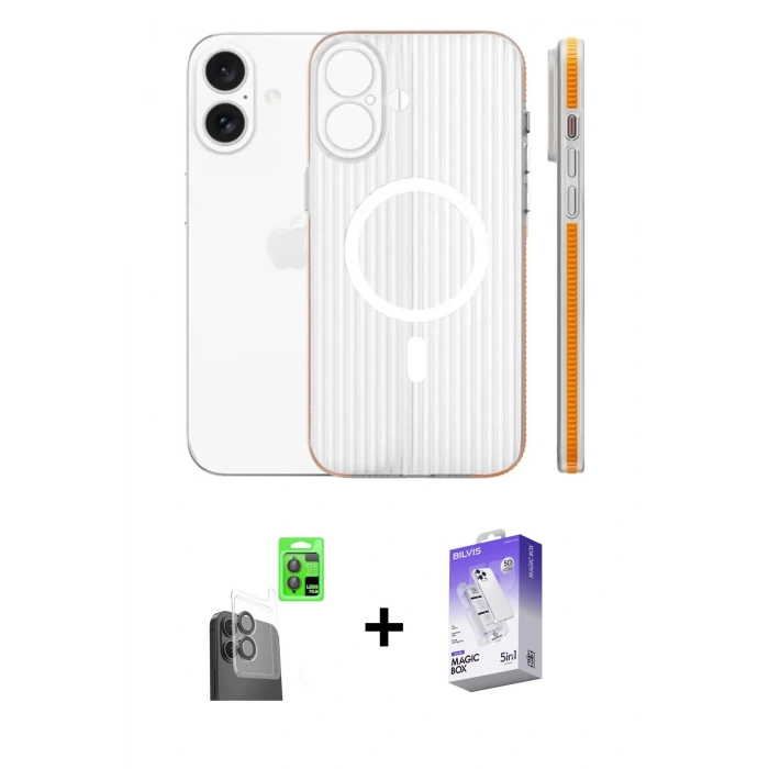 MARSİLYAN™- iPhone 16 Kılıf Pusula Minimal Koleksiyonu - Siyah Bilvis 5in1 3D Magic Cam Ekran Koruyucu + Raze Metal Kamera Lens - SH