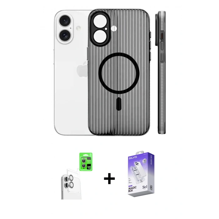 MARSİLYAN™- iPhone 16 Kılıf Pusula Minimal Koleksiyonu - Siyah Bilvis 5in1 3D Magic Cam Ekran Koruyucu + Raze Metal Kamera Lens - BZ