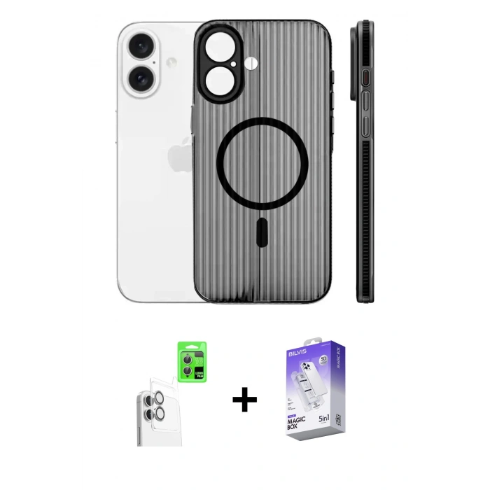 MARSİLYAN™- iPhone 16 Kılıf Pusula Minimal Koleksiyonu - Siyah Bilvis 5in1 3D Magic Cam Ekran Koruyucu + Raze Metal Kamera Lens - BZ