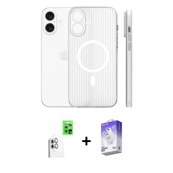 MARSİLYAN™- iPhone 16 Kılıf Pusula Minimal Koleksiyonu - Siyah Bilvis 5in1 3D Magic Cam Ekran Koruyucu + Raze Metal Kamera Lens - BZ