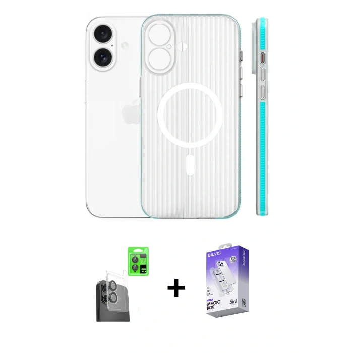MARSİLYAN™- iPhone 16 Kılıf Pusula Minimal Koleksiyonu - Siyah Bilvis 5in1 3D Magic Cam Ekran Koruyucu + Raze Metal Kamera Lens - SH