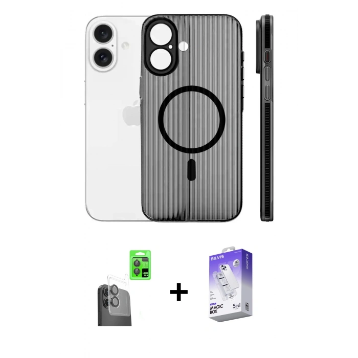 MARSİLYAN™- iPhone 16 Kılıf Pusula Minimal Koleksiyonu - Siyah Bilvis 5in1 3D Magic Cam Ekran Koruyucu + Raze Metal Kamera Lens - SH