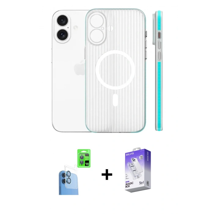 MARSİLYAN™- iPhone 16 Kılıf Pusula Minimal Koleksiyonu - Siyah Bilvis 5in1 3D Magic Cam Ekran Koruyucu + Raze Metal Kamera Lens - LT