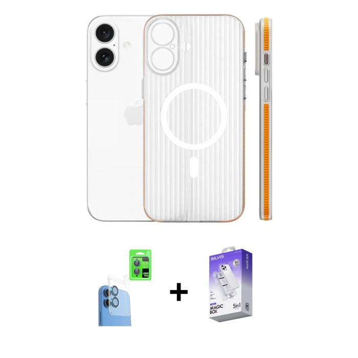 MARSİLYAN™- iPhone 16 Kılıf Pusula Minimal Koleksiyonu - Siyah Bilvis 5in1 3D Magic Cam Ekran Koruyucu + Raze Metal Kamera Lens - LT