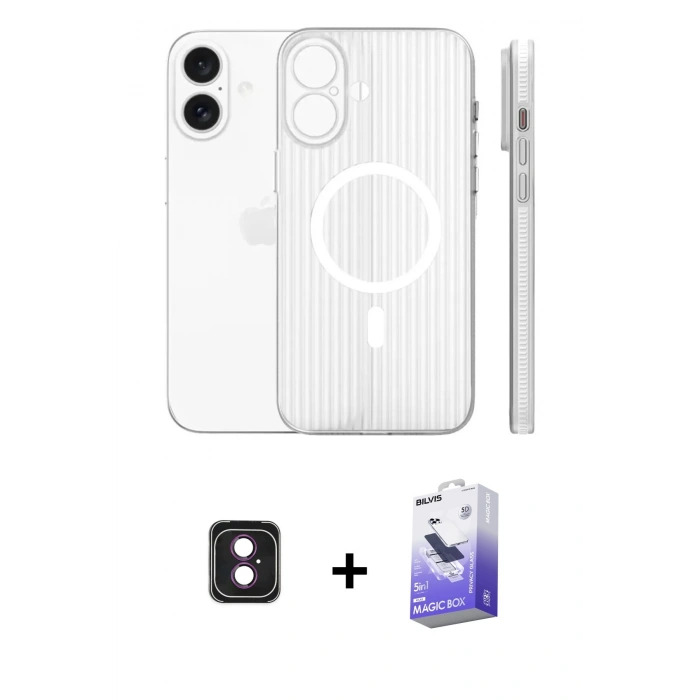 MARSİLYAN™- iPhone 16 Kılıf Pusula Minimal Koleksiyonu - Siyah Bilvis 5in1 5D Magic Hayalet Cam Ekran Koruyucu + PVD Metal Kamera Lens - PE