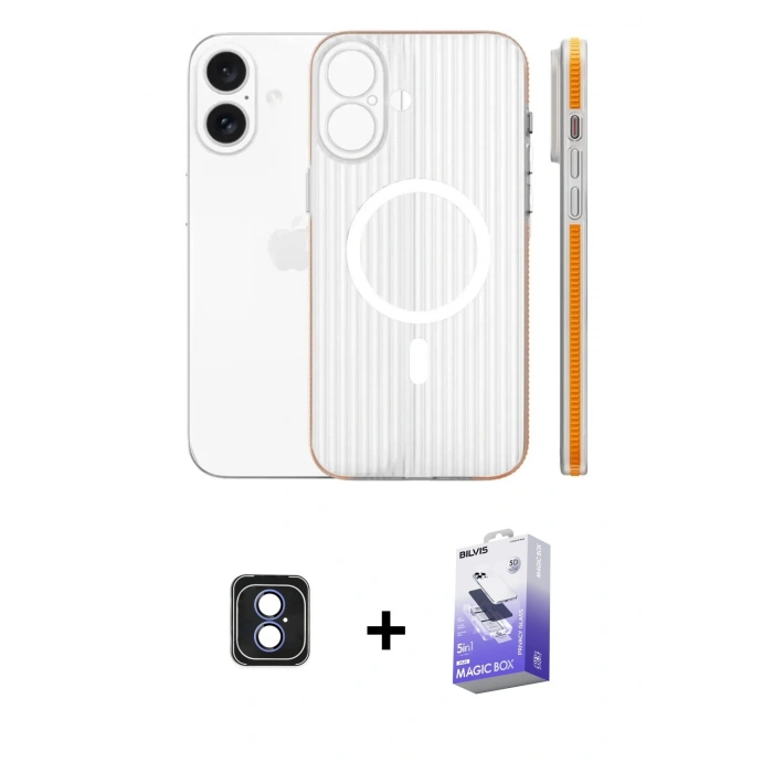 MARSİLYAN™- iPhone 16 Kılıf Pusula Minimal Koleksiyonu - Siyah Bilvis 5in1 5D Magic Hayalet Cam Ekran Koruyucu + PVD Metal Kamera Lens - MI