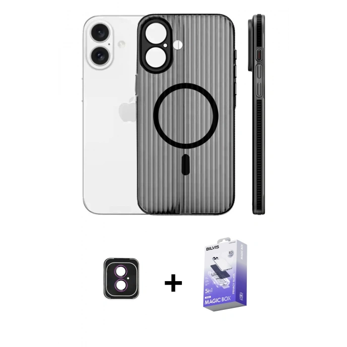 MARSİLYAN™- iPhone 16 Kılıf Pusula Minimal Koleksiyonu - Siyah Bilvis 5in1 5D Magic Hayalet Cam Ekran Koruyucu + PVD Metal Kamera Lens - PE