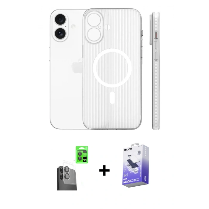 MARSİLYAN™- iPhone 16 Kılıf Pusula Minimal Koleksiyonu - Siyah Bilvis 5in1 5D Magic Hayalet Cam Ekran Koruyucu + Raze Metal Kamera Lens - SH