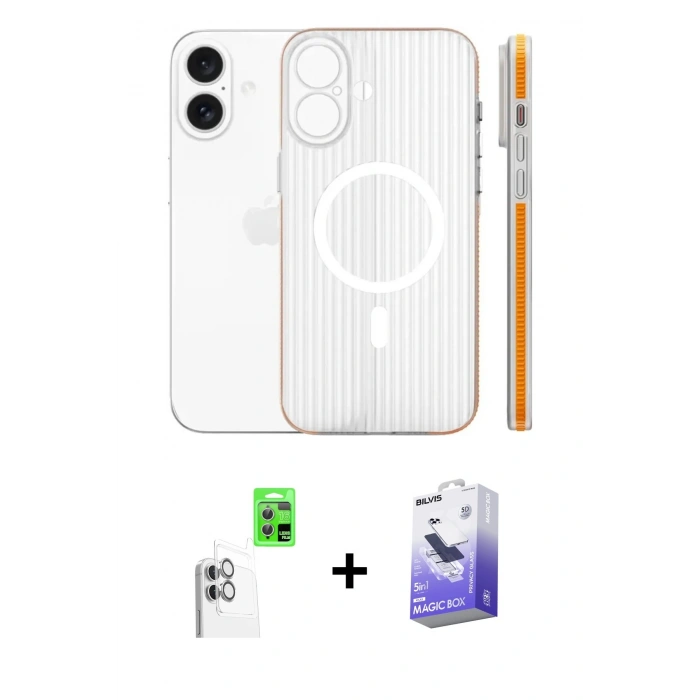 MARSİLYAN™- iPhone 16 Kılıf Pusula Minimal Koleksiyonu - Siyah Bilvis 5in1 5D Magic Hayalet Cam Ekran Koruyucu + Beyaz Raze Metal Kamera Lens