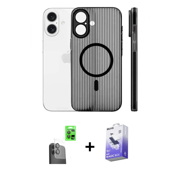 MARSİLYAN™- iPhone 16 Kılıf Pusula Minimal Koleksiyonu - Siyah Bilvis 5in1 5D Magic Hayalet Cam Ekran Koruyucu + Raze Metal Kamera Lens - SH